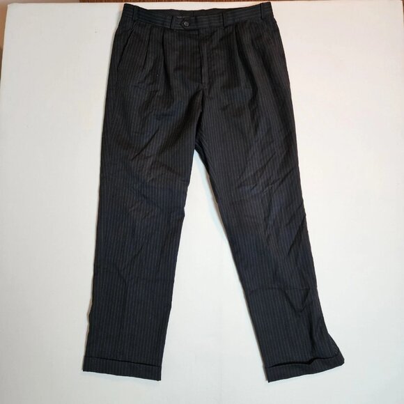 Lauren Ralph Lauren Men’s Dress Pants 36x32 Black Pinstripe Pleated Canada Made - Picture 1 of 5